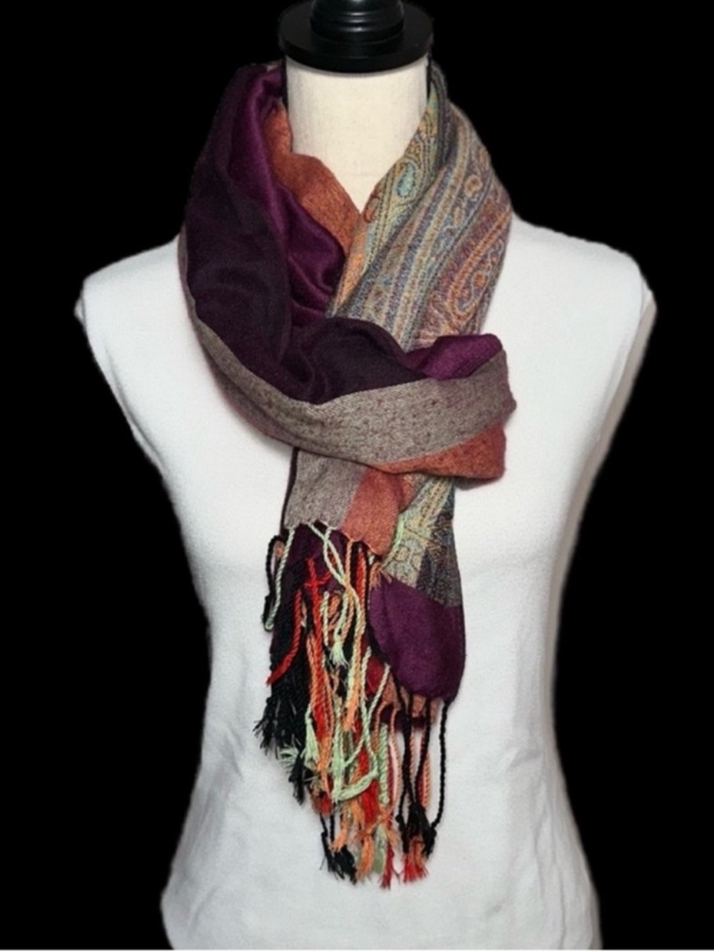Multi-Color Women's Fringe Scarf - Purple & Earth Tones